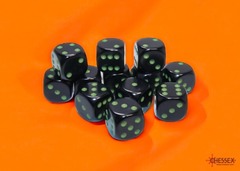 12 Opaque Black/Green 16mm D6 Dice Set - CHX25658